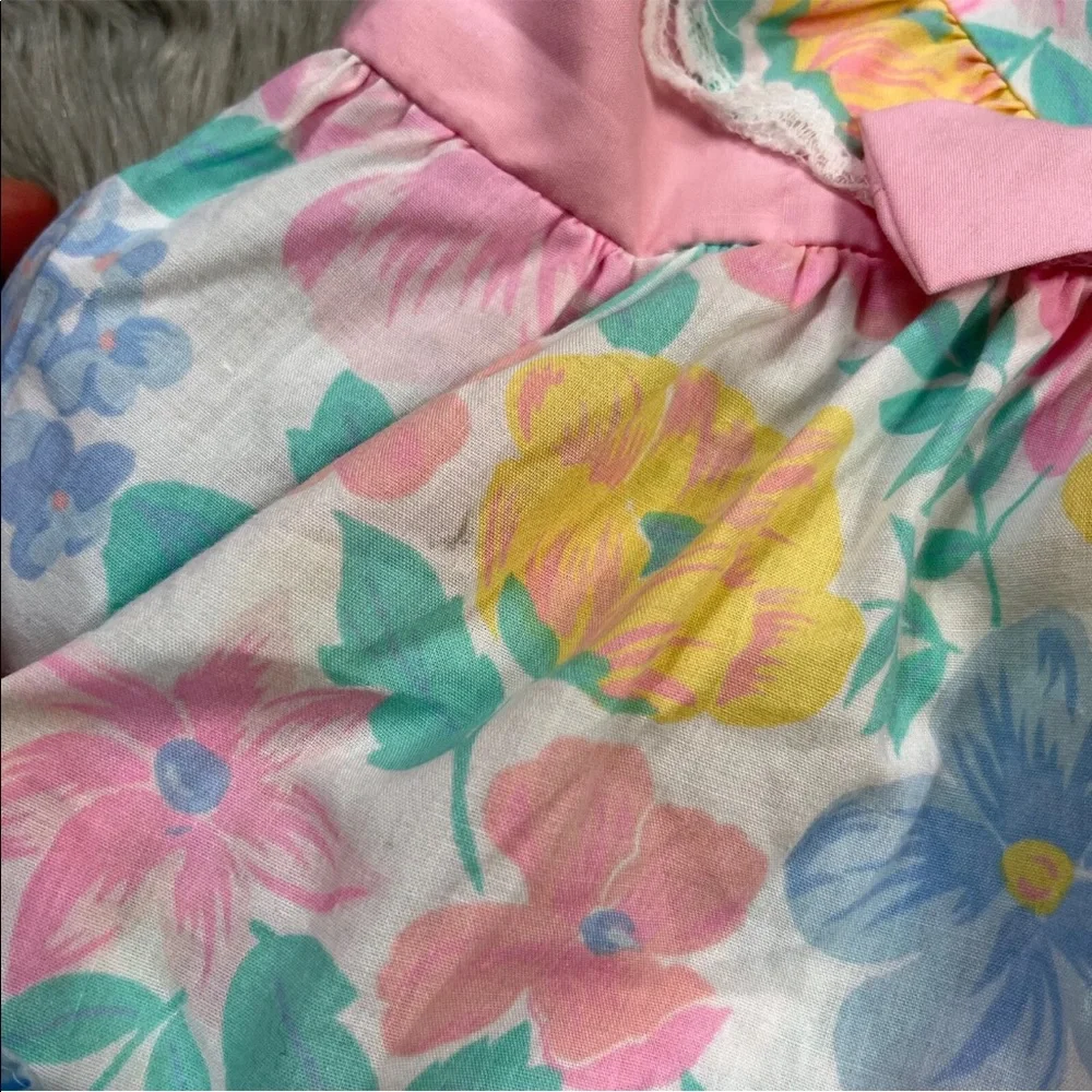 Vintage Baby Girls Blue Pink Floral Ruffle Pinafore Dress